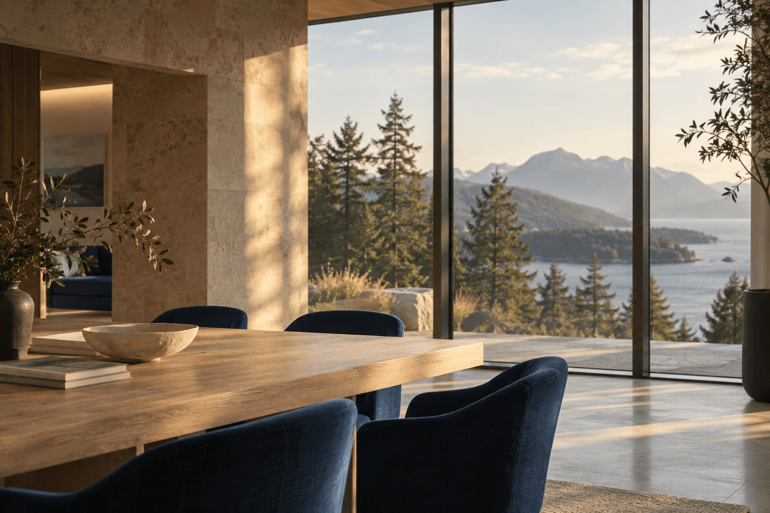 A calm, sunlit workspace overlooking a Canadian coastal landscape