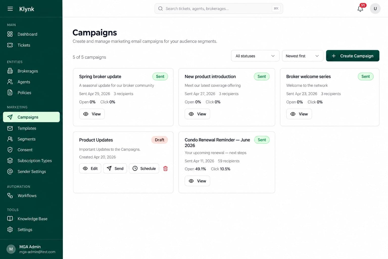 Klynk product preview: campaign workspace for managing email campaigns