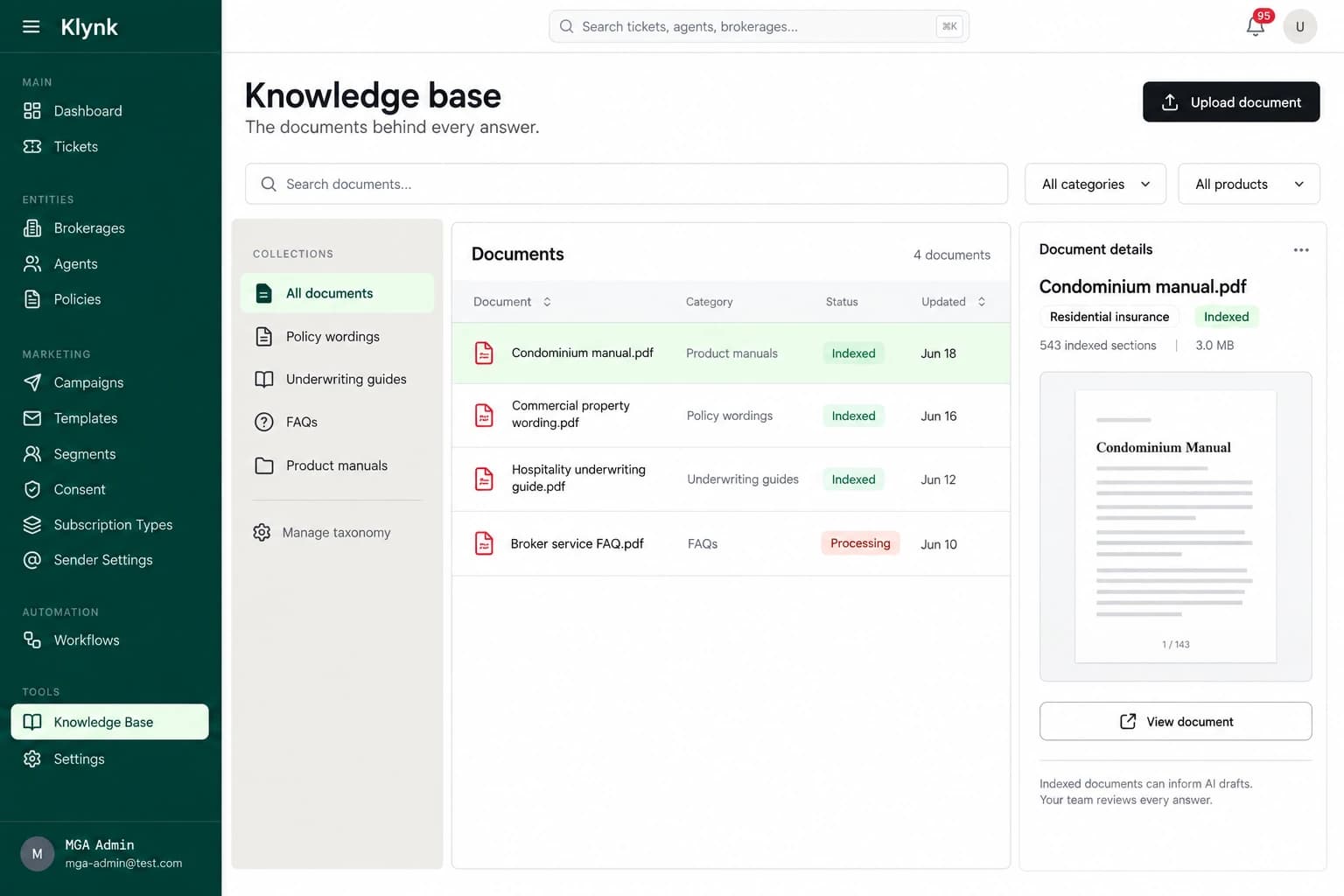 Klynk knowledge base design concept with collections, document search, indexing status, and document details
