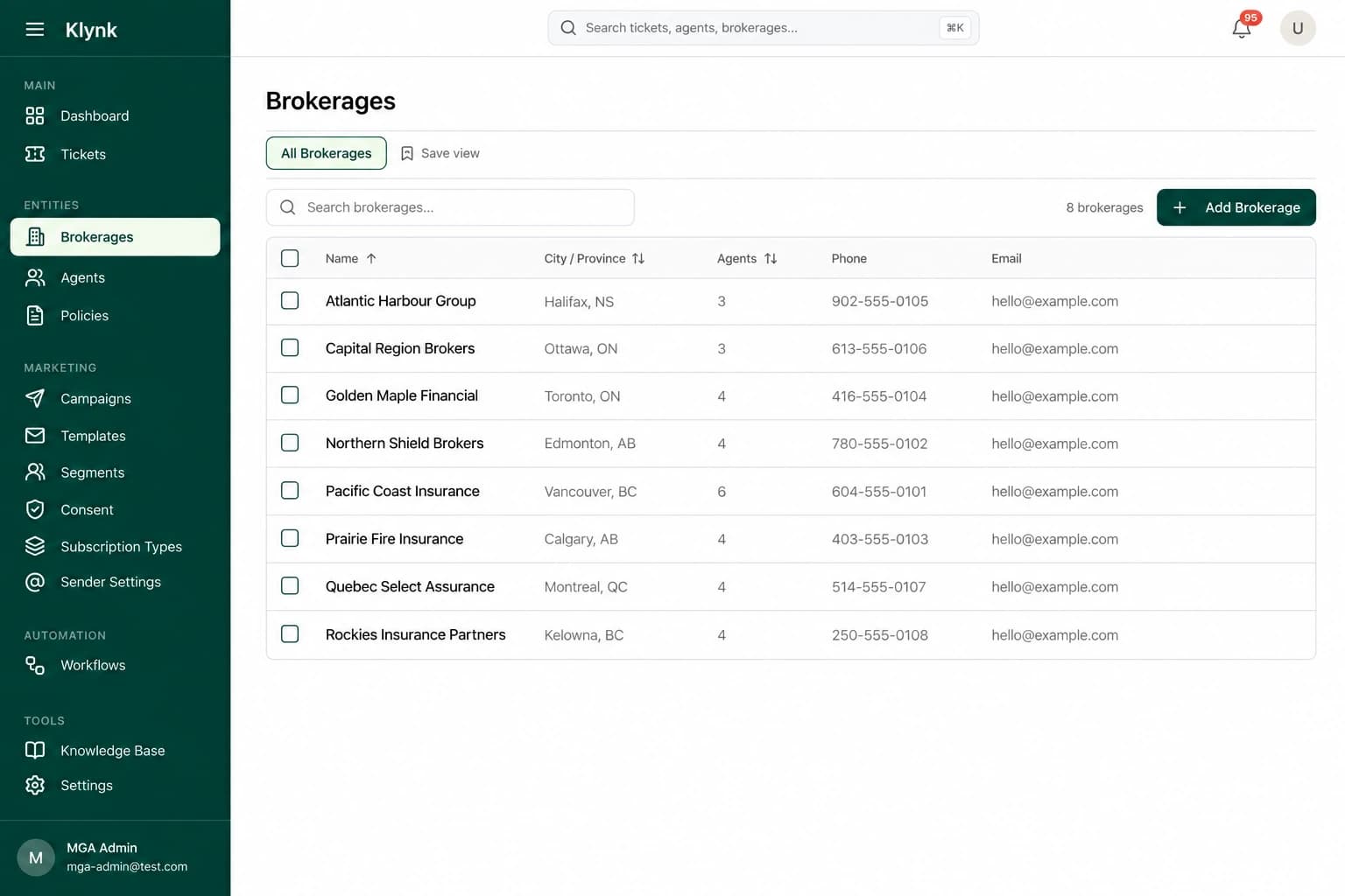 Klynk product preview: MGA brokerage directory with sample contact details