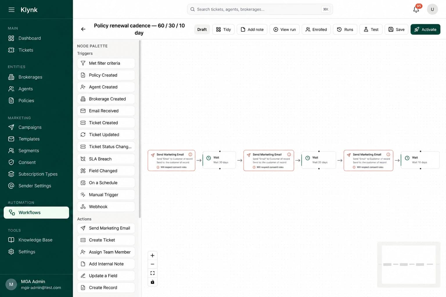 Klynk product preview: visual workflow builder showing a sample renewal cadence