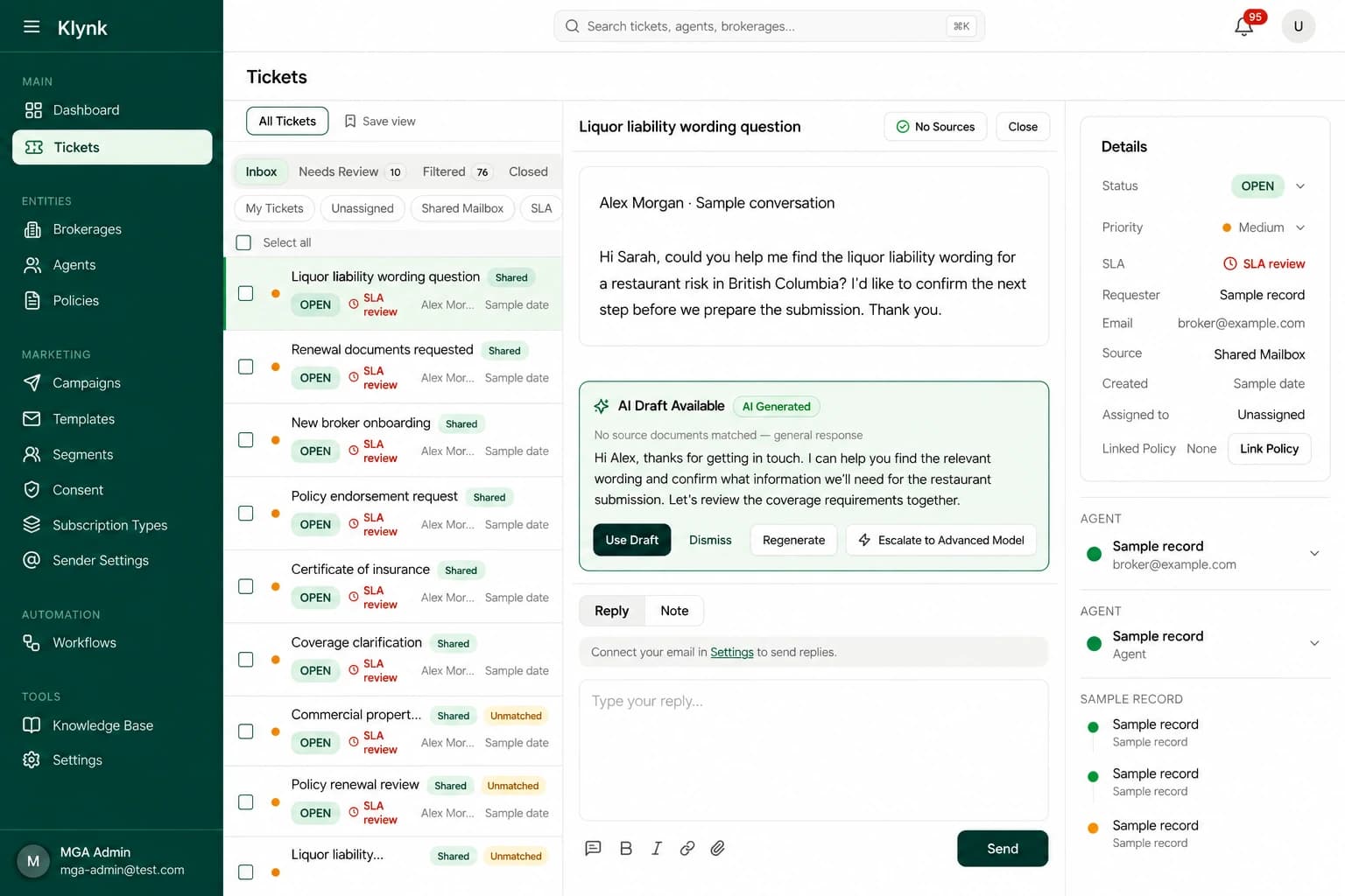 Klynk product preview: ticket queue with request ownership, status, and SLA tracking